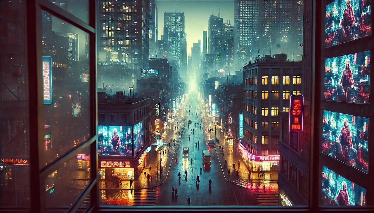 DALL·E 2025-02-26 18.08.19 - A cyberpunk cityscape viewed from a high-rise building, showing a stark contrast between the neon-lit skyline of a wealthy district and the dim, indus.jpeg