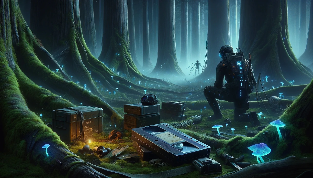 DALL·E 2025-02-15 15.05.56 - A cyberpunk dystopian forest scene at night, deep within the Taebaek Forest. In the foreground, a lone researcher in a dark tactical suit with glowing.jpeg
