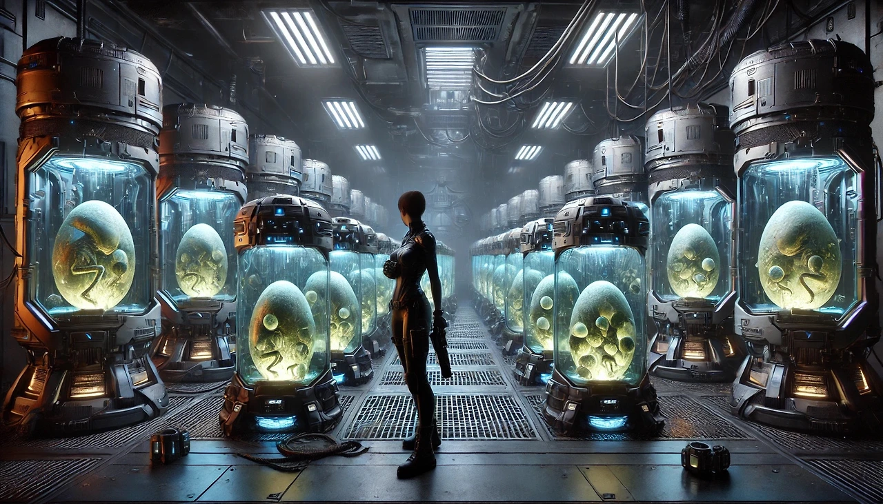 DALL·E 2025-03-07 18.28.51 - A dark, futuristic lab with numerous large, glowing incubators lined up, each containing a strange, egg-shaped creature inside. The lab has cold, meta.jpeg