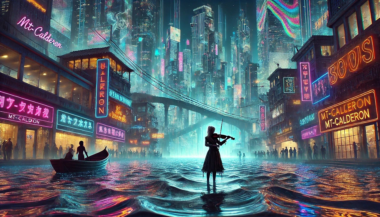 DALL·E 2025-03-18 00.33.10 - A futuristic cyberpunk cityscape of MT-Calderon, a vast oceanic metropolis under neon lights. The scene is dominated by towering skyscrapers covered i.jpeg