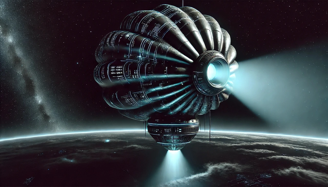 DALL·E 2025-03-13 19.19.02 - A cyberpunk-inspired surveillance station shaped like a giant seashell, floating in a vast black dimensional void. The station emits a faint blue glow.jpeg