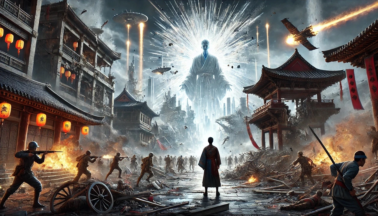 DALL·E 2025-03-05 17.46.30 - A wide cinematic illustration depicting the 'Battle of the Shin Explosion'. The scene shows a war-torn city in FEWK, where ancient sacred shrines are .jpeg