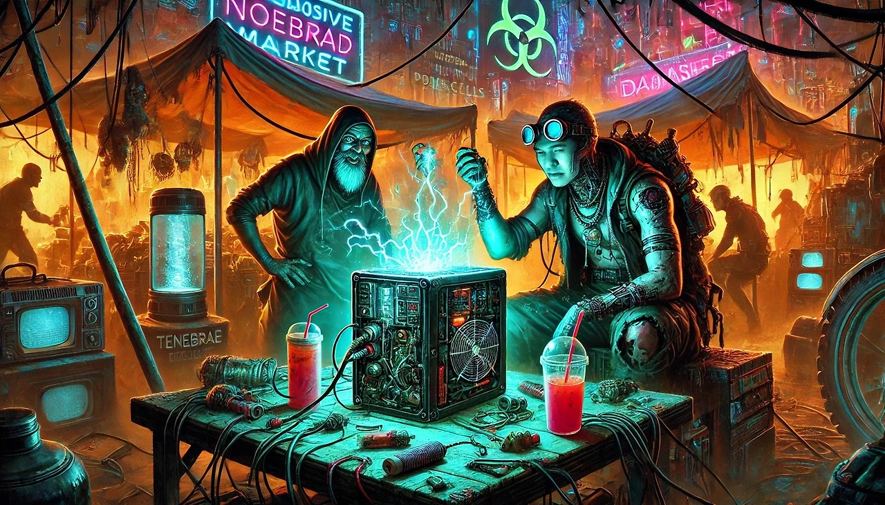 DALL·E 2025-02-15 02.30.20 - A cyberpunk-style illustration set in the chaotic Nomad Market at night. The neon-lit tents and flickering holograms cast an eerie glow over a clutter.jpeg