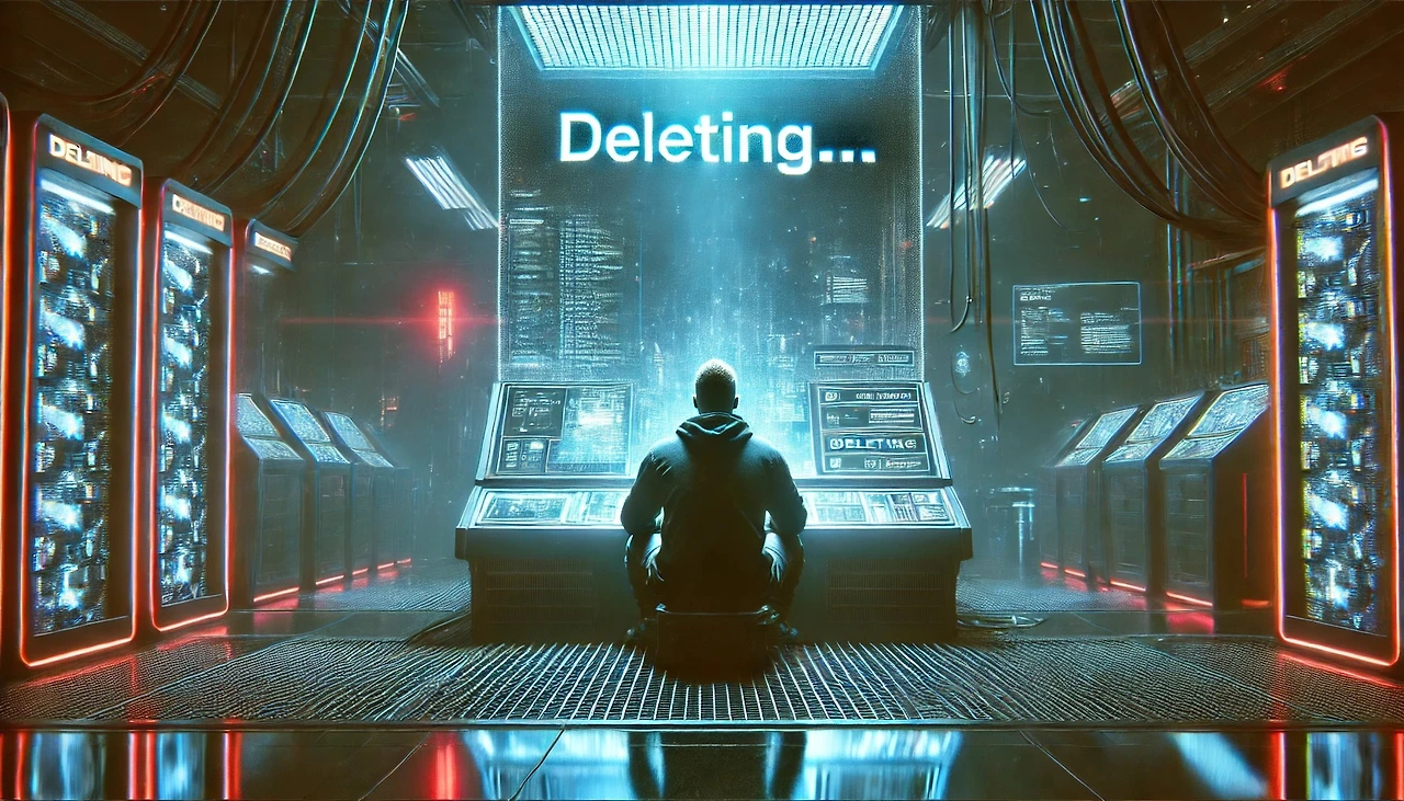 DALL·E 2025-03-07 14.29.24 - A cyberpunk hacker sitting in front of a futuristic terminal, about to delete his identity. The screen displays 'Deleting...' in glowing text. The roo.jpeg