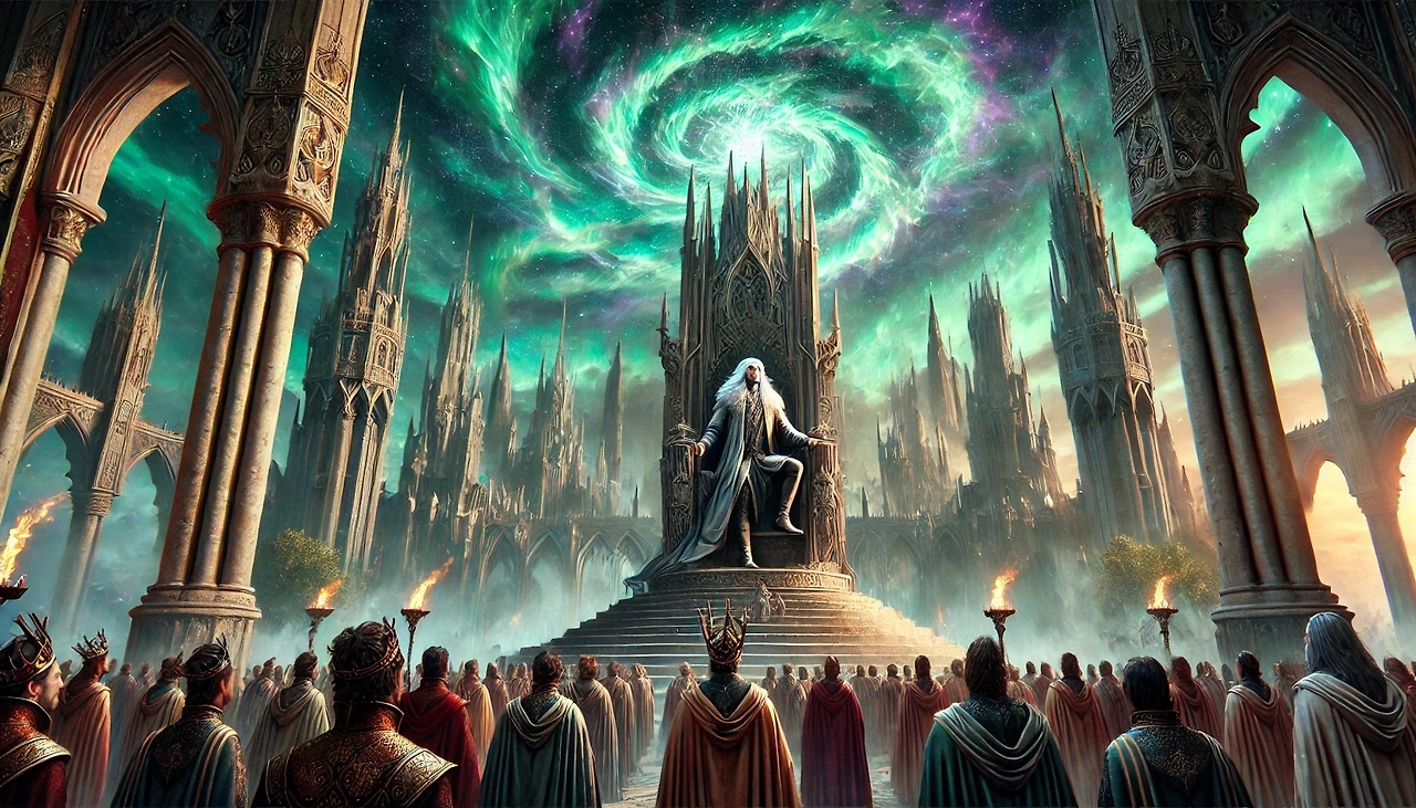 DALL·E 2025-02-26 12.44.02 - A grand coronation ceremony in a medieval-futuristic city. The newly crowned king, a regal man with sharp eyes and a commanding presence, stands on a .jpeg