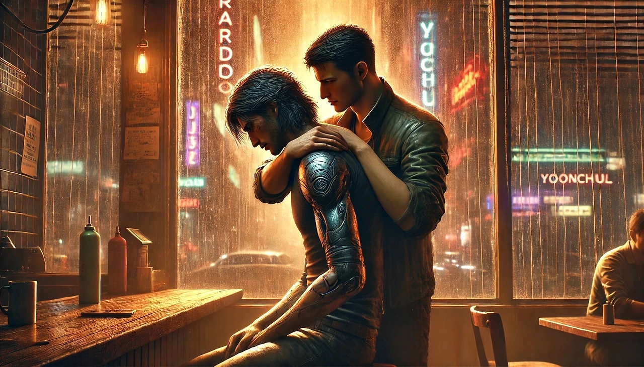 DALL·E 2025-03-03 23.08.45 - A dimly lit café where two men, one with scars and a weary expression, embrace awkwardly. The taller man, Ricardo, has a rigid posture while the other.jpeg