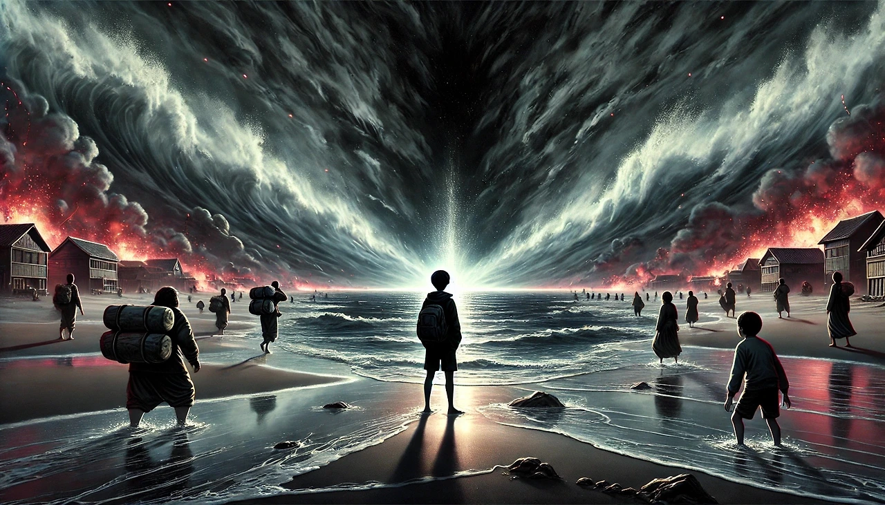 DALL·E 2025-03-05 17.45.27 - A wide cinematic illustration depicting the 'Black Horizon' event. The scene shows a young boy, Myung-kwang, standing on a beach at dawn, frozen in aw.jpeg