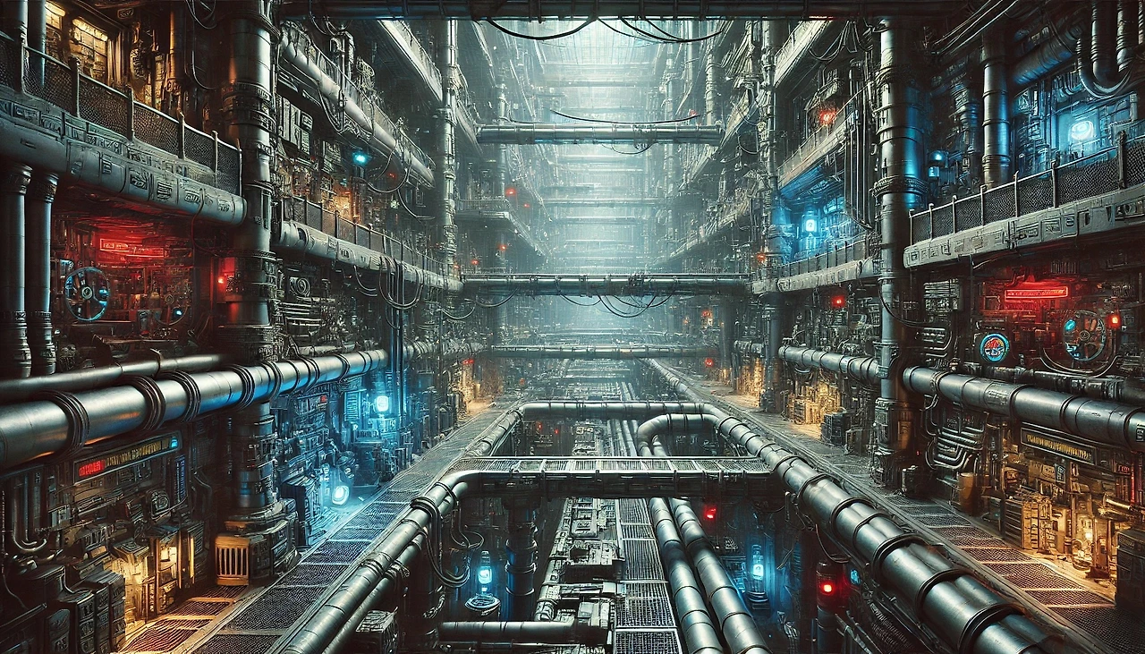 DALL·E 2025-03-18 00.41.26 - A detailed cyberpunk underground network of MacDeokryong City, featuring an intricate maze of industrial pipes, Watch Engines, Tenebre Grid conduits, .jpeg