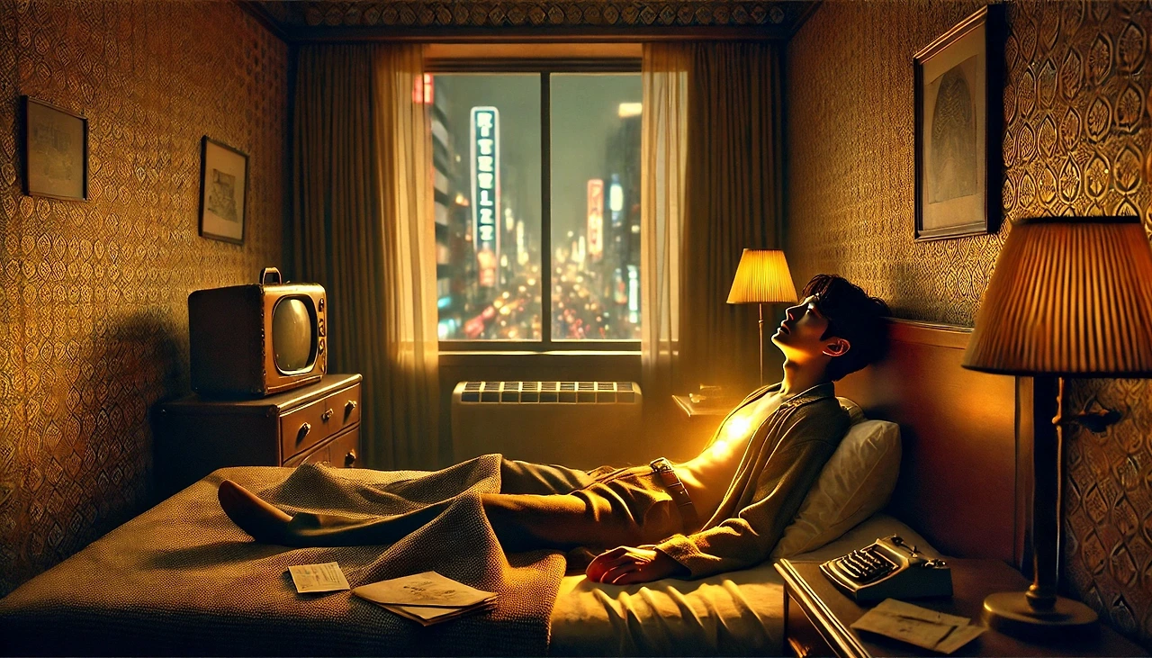 DALL·E 2025-03-03 23.09.00 - A dimly lit hotel room where a weary man, Yoonchul, lies on a bed staring at the ceiling. The room is bathed in warm, golden light from a neon-lit cit.jpeg