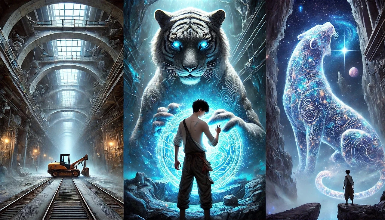 DALL·E 2025-03-01 00.58.51 - A deep underground mining chamber filled with eerie blue light. In the center, a mysterious glowing stone (Shindan-seok) with intricate patterns rests.jpeg