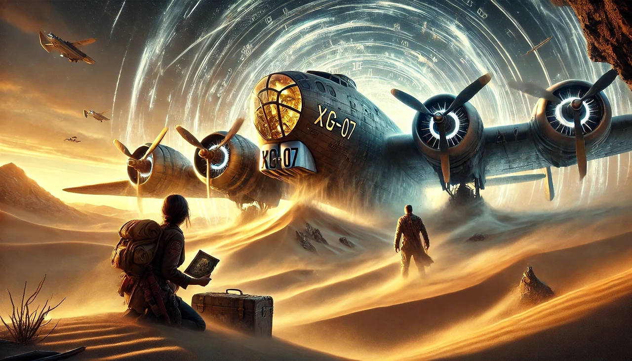 DALL·E 2025-03-04 00.10.09 - A massive, futuristic bomber aircraft, XG-07, sits half-buried in the desert as its engines begin to glow with a strange, ethereal light. Time distort.jpeg