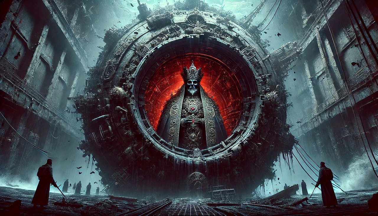 DALL·E 2025-03-03 19.17.12 - A massive 100-meter iron sphere, its thick steel plating now torn apart, revealing an ominous and ancient interior. A regal figure, dressed in tattere.jpeg
