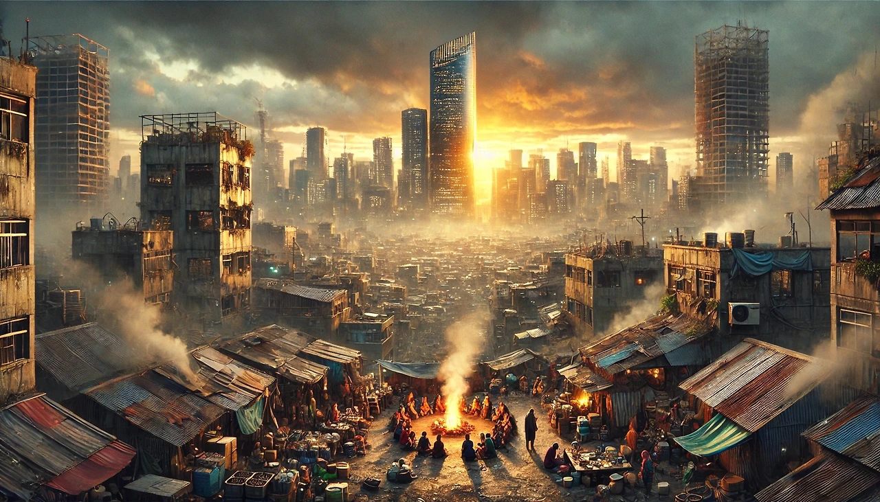DALL·E 2025-02-24 18.16.06 - A panoramic dystopian cityscape with a mix of decayed buildings and futuristic structures. The atmosphere is more hopeful, with golden sunset light br.jpeg