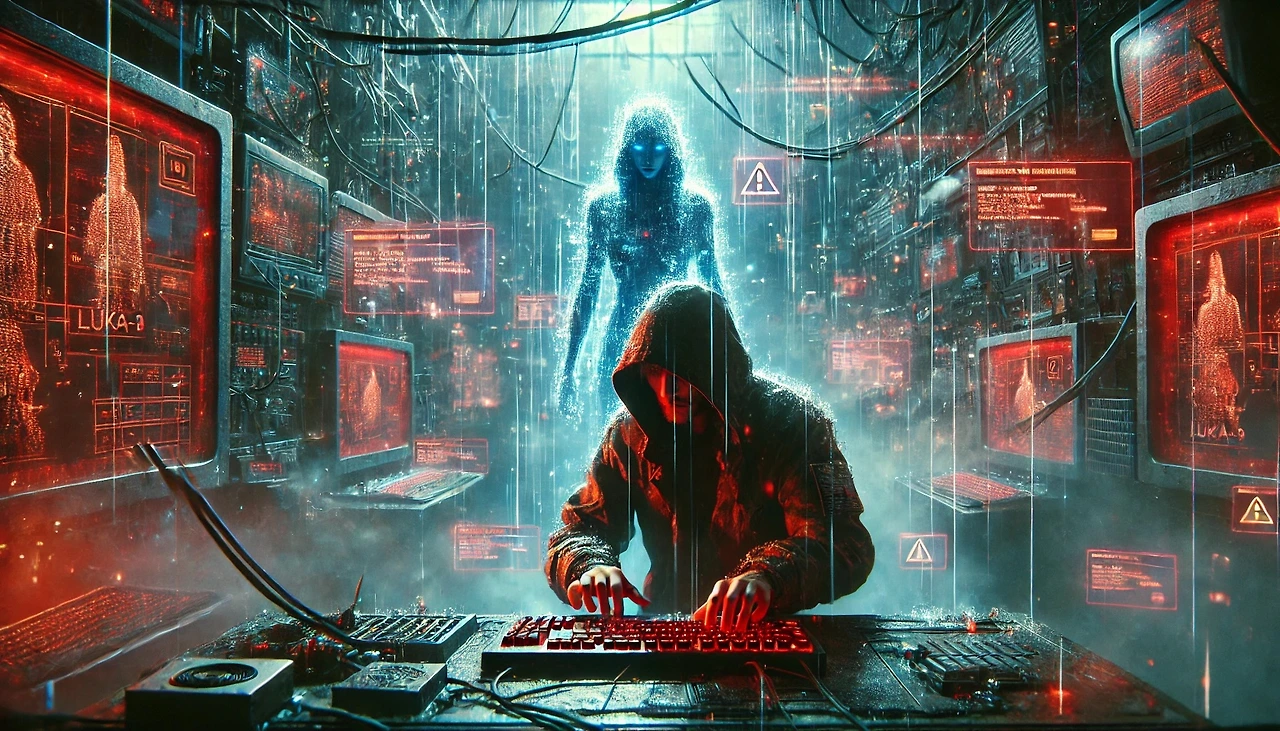 DALL·E 2025-02-22 00.56.18 - A cyberpunk scene featuring a futuristic hacker named Luka-9 in a dimly lit room filled with holographic screens, neon lights, and tangled cables. Luk.jpeg