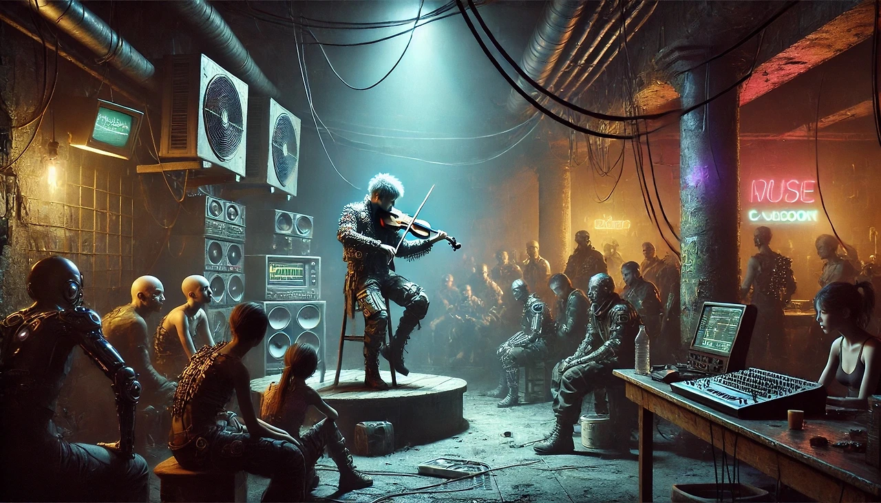 DALL·E 2025-03-18 00.34.27 - A cyberpunk underground music venue hidden within the industrial depths of MT-Calderon. The scene features a dimly lit, intimate stage where a young v.jpeg