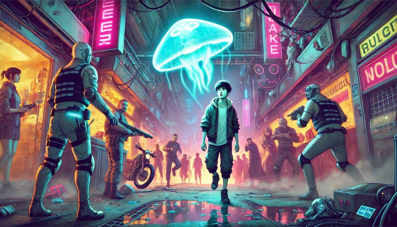 DALL·E 2025-02-15 02.20.06 - A cyberpunk-style illustration featuring a young runner, Ipo, standing in a chaotic underground market filled with neon lights and shady figures. He l.jpeg