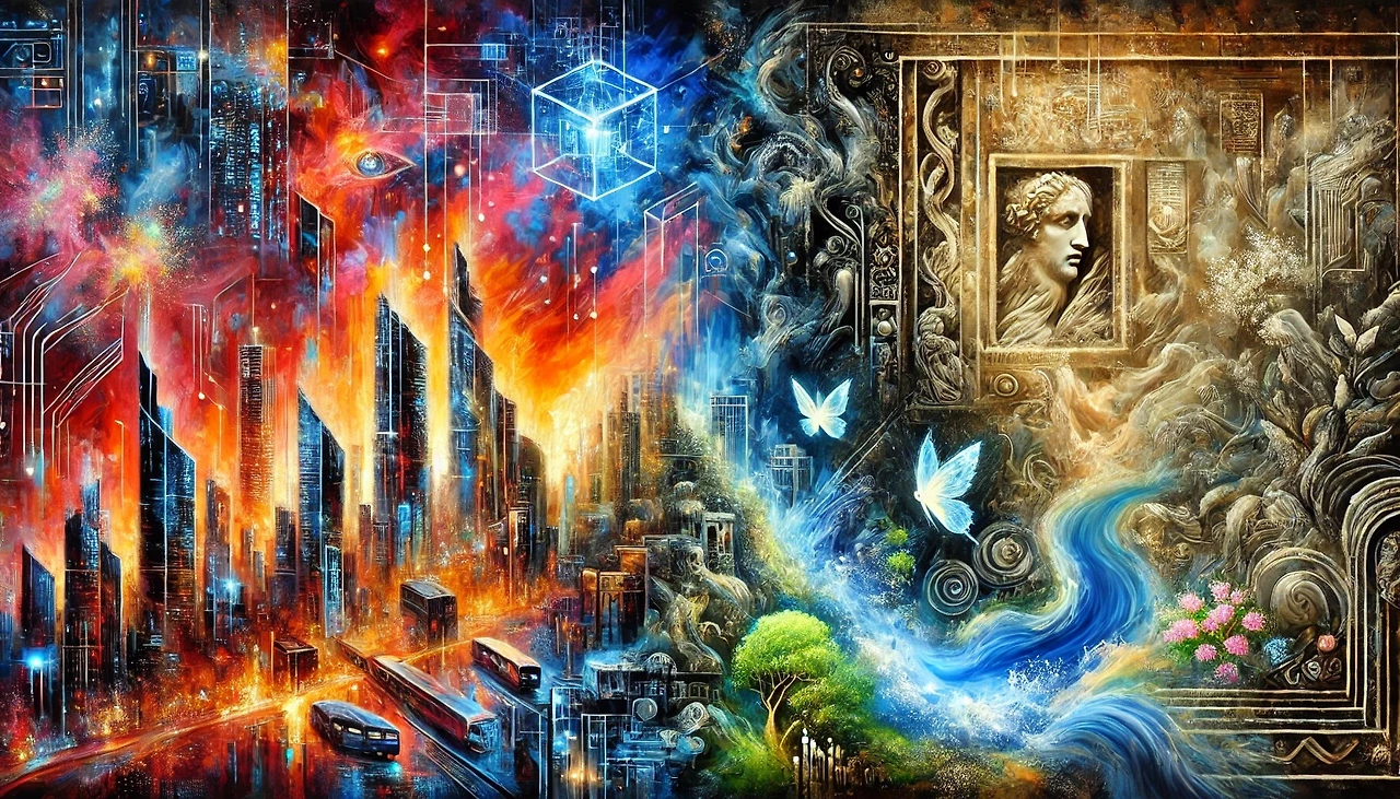 DALL·E 2025-02-27 21.18.56 - An abstract painting with rich mise-en-scène, symbolizing the contrast between two worlds_ one side representing a neon-lit cyberpunk metropolis with .jpeg