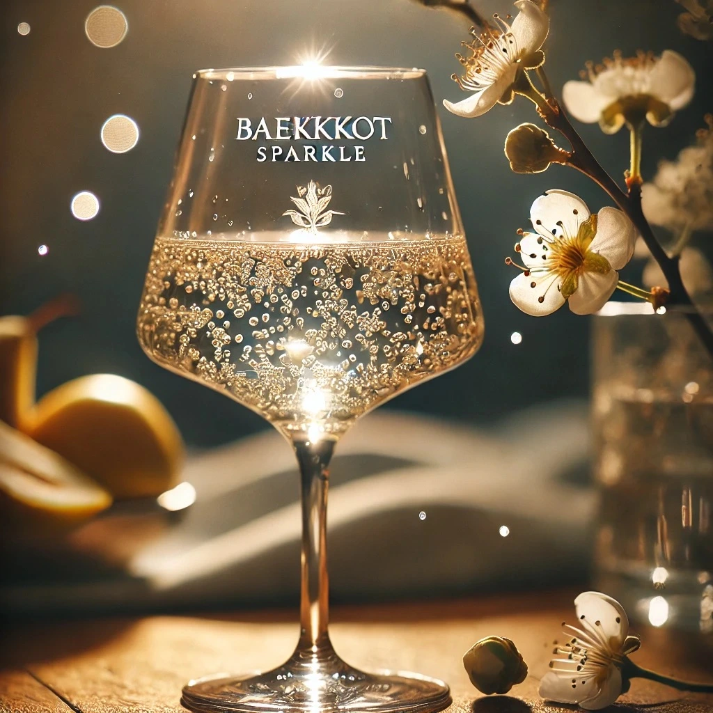 DALL·E 2025-03-25 14.44.57 - A close-up of a glass of Baekkkot Sparkle, a traditional Korean sparkling liquor. The glass is elegantly shaped, filled with a translucent, bubbly liq.jpeg
