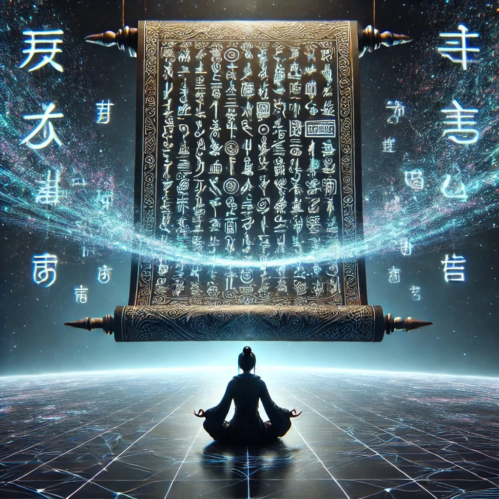 DALL·E 2025-03-10 20.53.41 - A futuristic calligraphy master, a cyberpunk-inspired sage, meditates before an enormous floating scroll covered in glowing symbols. The ink flows lik.jpeg