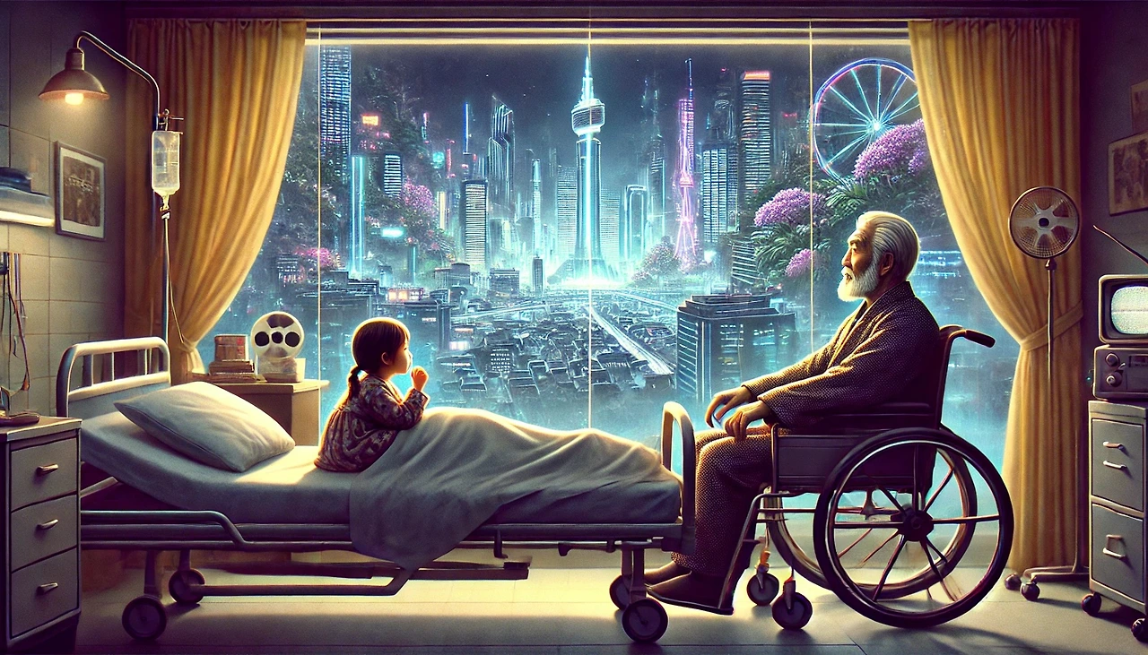 DALL·E 2025-03-05 17.46.06 - A wide cinematic illustration depicting the final moments of Myung-kwang. In a dimly lit hospital room, an elderly Myung-kwang lies on a bed, surround.jpeg