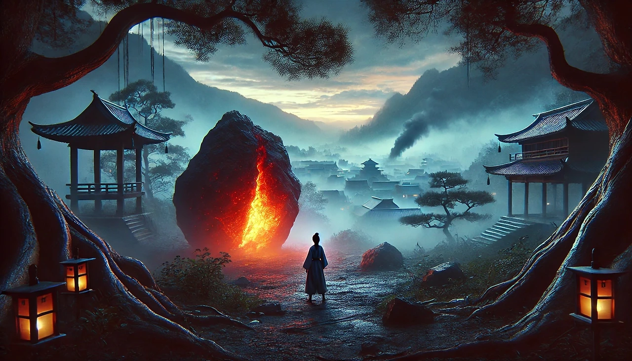 DALL·E 2025-03-06 13.18.21 - A cinematic landscape of a misty mountain village at dawn, inspired by East Asian aesthetics. The scene features a young girl standing before a large,.jpeg