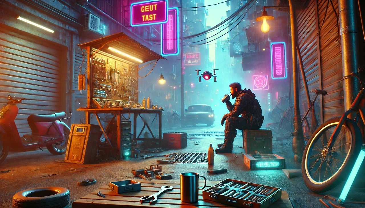 DALL·E 2025-02-28 19.46.44 - A cyberpunk outdoor scene featuring a repair station in a neon-lit alley. The setting includes scattered tools, a workbench, and a mechanic taking a b.jpeg