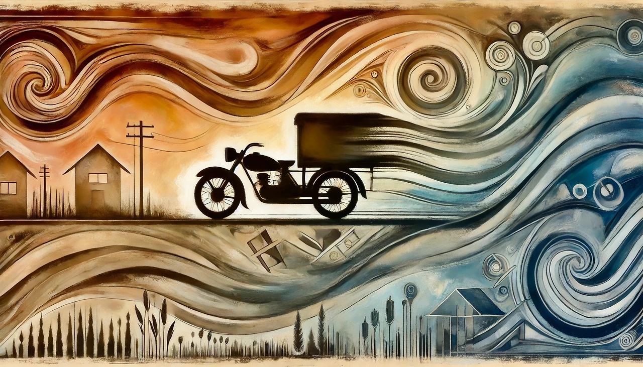 DALL·E 2025-03-20 16.30.24 - A long, horizontal artwork featuring an abstract and symbolic composition. The central focus is a silhouette of a motorcycle with a cargo compartment .jpeg