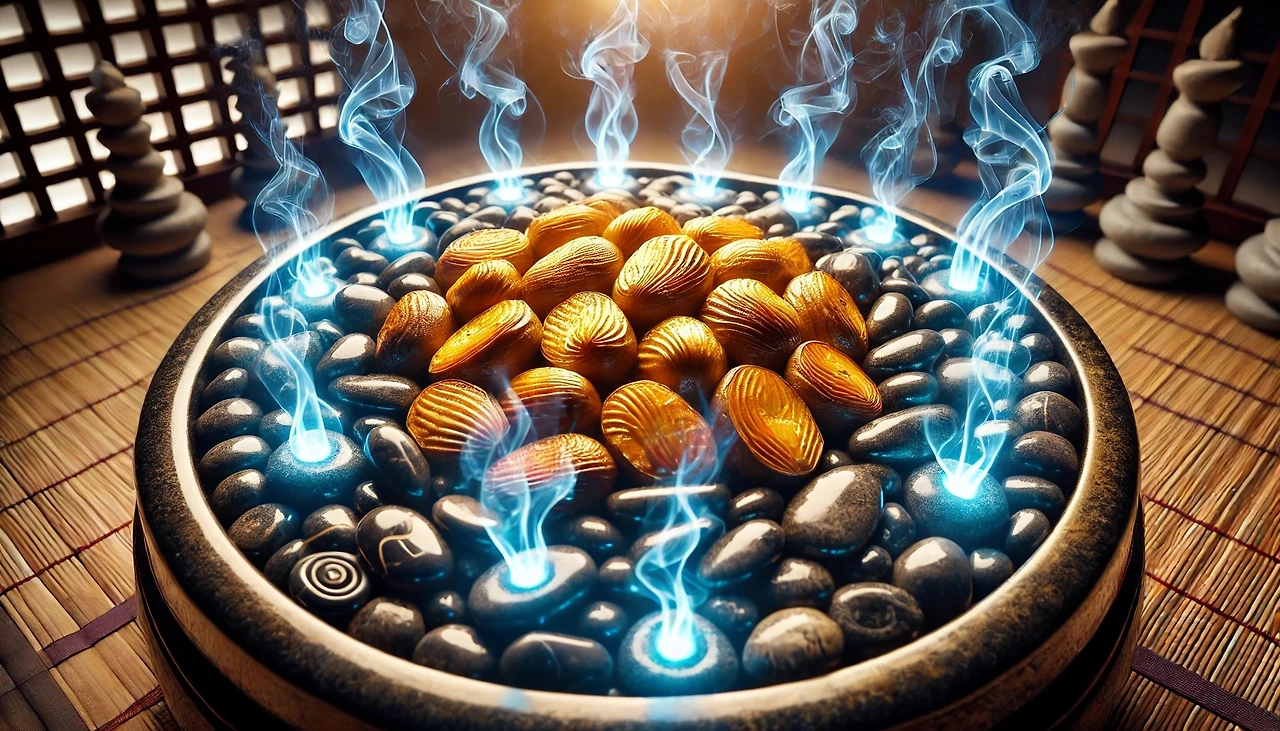 DALL·E 2025-03-03 18.27.58 - A wide, close-up view of golden, crispy roasted sweet potatoes resting on a densely packed bed of smooth, glowing mystical stones that resemble sacred.jpeg