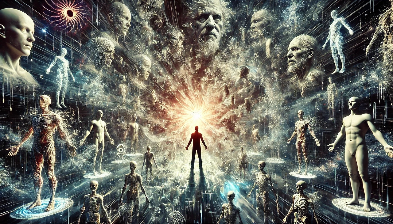 DALL·E 2025-03-03 20.54.51 - A surreal and terrifying scene of a researcher experiencing the collapse of reality. He stands in the center, his body breaking apart into fragments o.jpeg