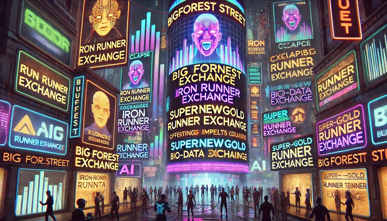 DALL·E 2025-02-15 02.26.17 - A cyberpunk-style illustration of Bigforest Street, the financial heart of the Runner economy. Neon holograms and massive digital billboards display f.jpeg