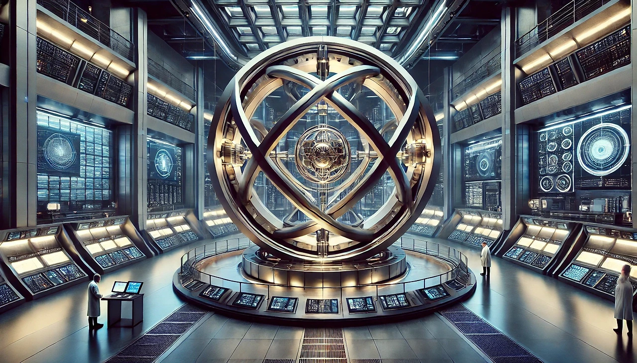DALL·E 2025-03-05 02.00.58 - A massive two-story-tall gyroscope-like structure with three large rotating rings and three smaller rings surrounding a central angular sphere. The st.jpeg