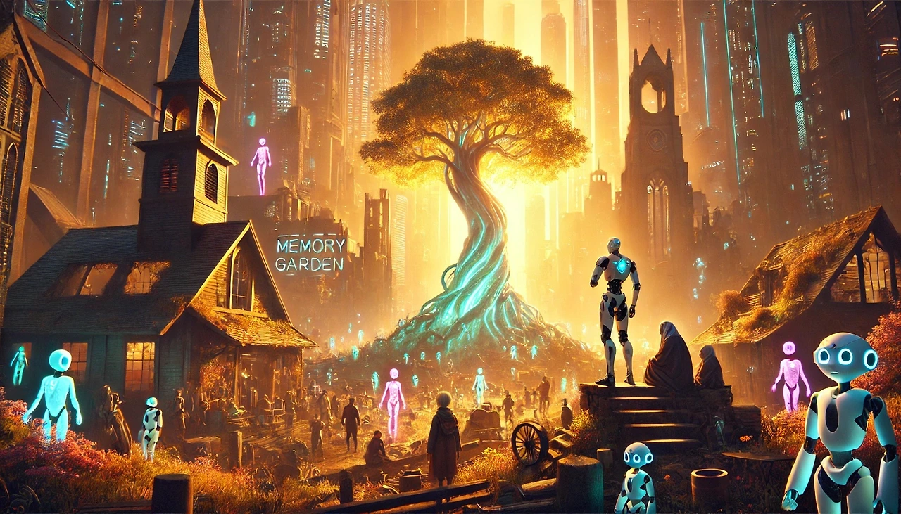 DALL·E 2025-03-04 08.38.10 - A peaceful cyberpunk village inside the ruins of Megacity-47, known as Memory Garden. A giant glowing tree stands at the center, casting a soft light .jpeg