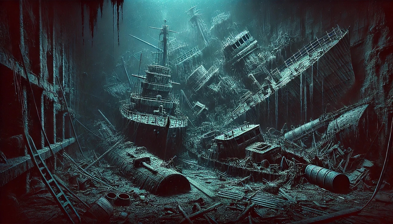 DALL·E 2025-03-03 19.15.09 - A deep, dark underwater graveyard filled with the sunken wreckage of Russian steel warships from the interwar period between World War I and World War.jpeg