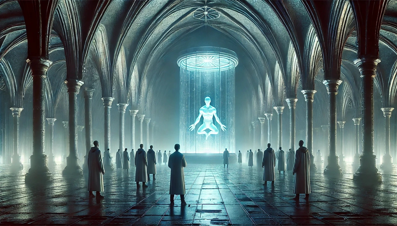 DALL·E 2025-03-03 20.54.56 - A dimly lit, cathedral-like underground research facility with high, arched ceilings. The atmosphere is solemn, resembling a monastery. In the center,.jpeg