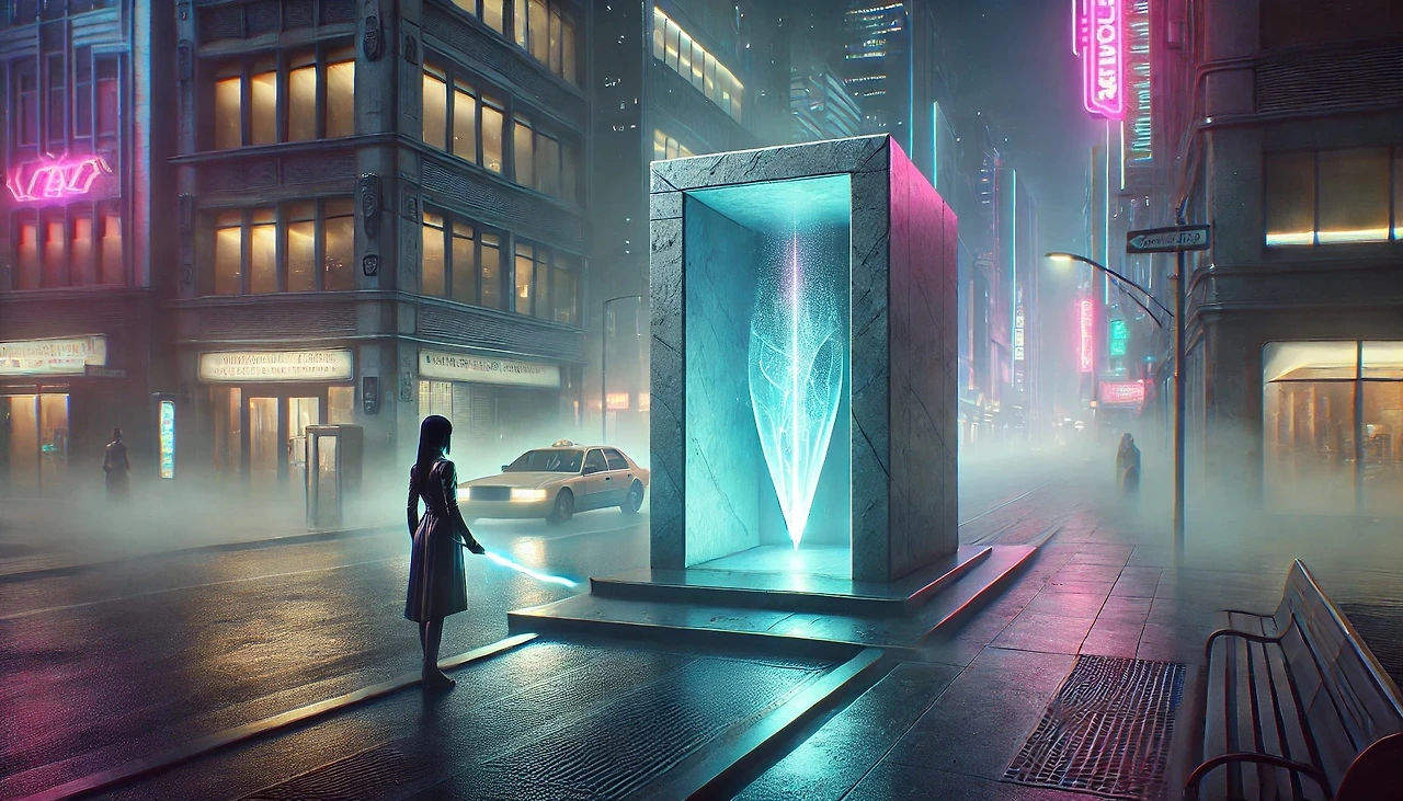 DALL·E 2025-02-19 16.43.17 - A cyberpunk cityscape at night in American Realism style, featuring a sleek, modern stone shrine subtly blending into the urban landscape. The shrine .jpeg