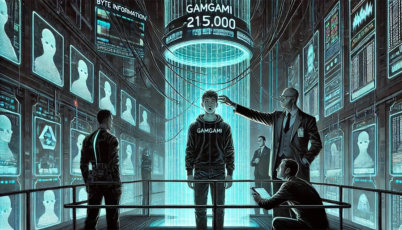 DALL·E 2025-02-15 02.24.56 - A cyberpunk-style illustration of a man standing in a dimly lit corporate testing facility, staring in shock at a holographic display showing his 'Byt.jpeg