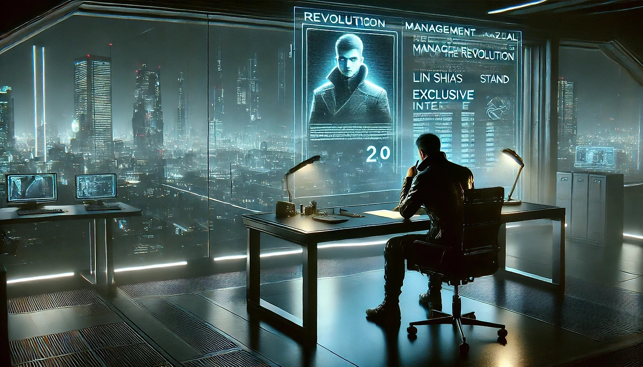 DALL·E 2025-02-17 13.45.20 - A dimly lit cyberpunk office where a man sits at a sleek, high-tech desk, staring at a contract labeled _Revolution Management Manual 2.0_. A digital .jpeg