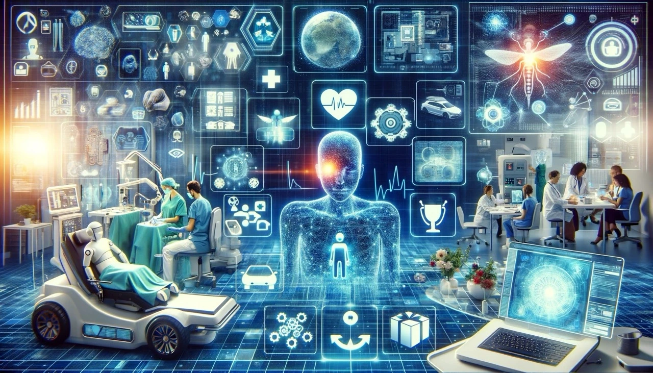 DALL·E 2024-04-16 20.36.12 - A futuristic collage representing various fields where artificial intelligence is applied, including healthcare. The image features a central scene of Large.jpeg