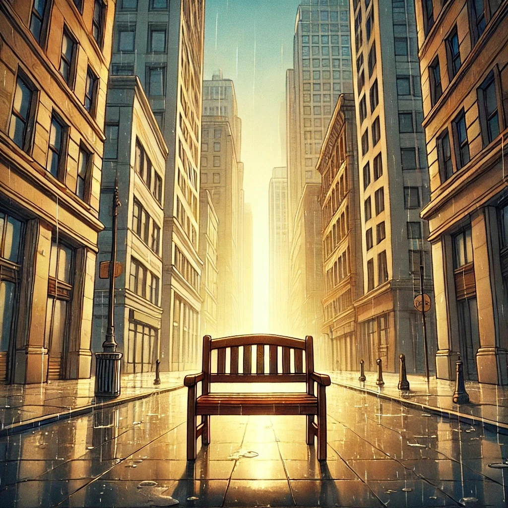DALL·E 2025-04-20 00.10.42 - In the center of a quiet city street, a small wooden bench for one person is placed directly in the middle of the scene. Tall modern buildings rise on.jpeg
