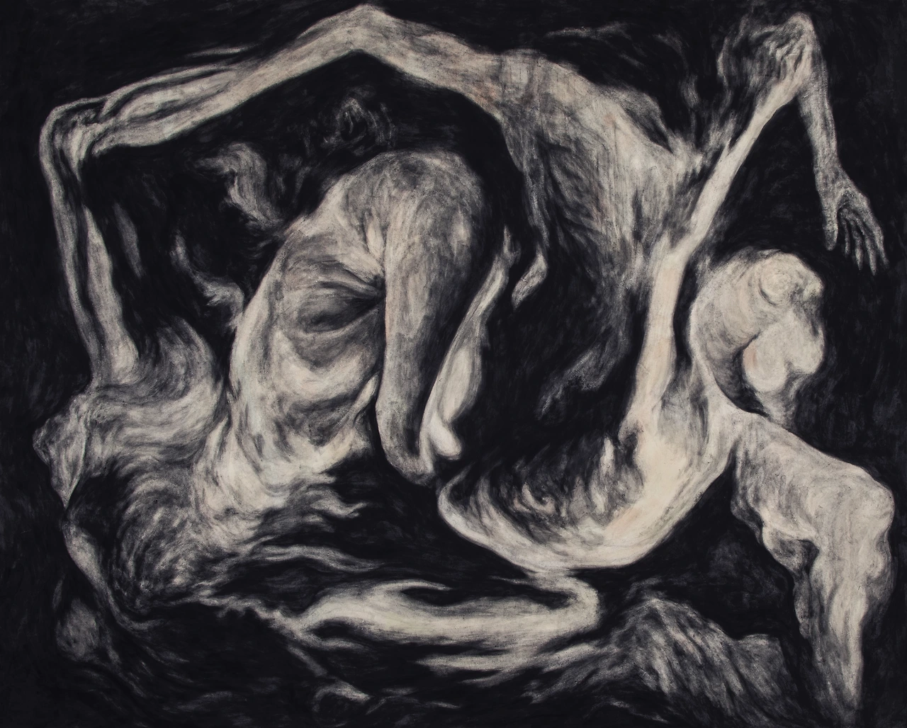 monster dancing#2 130x162cm 장지에 목탄, 분채채색 2020.JPG