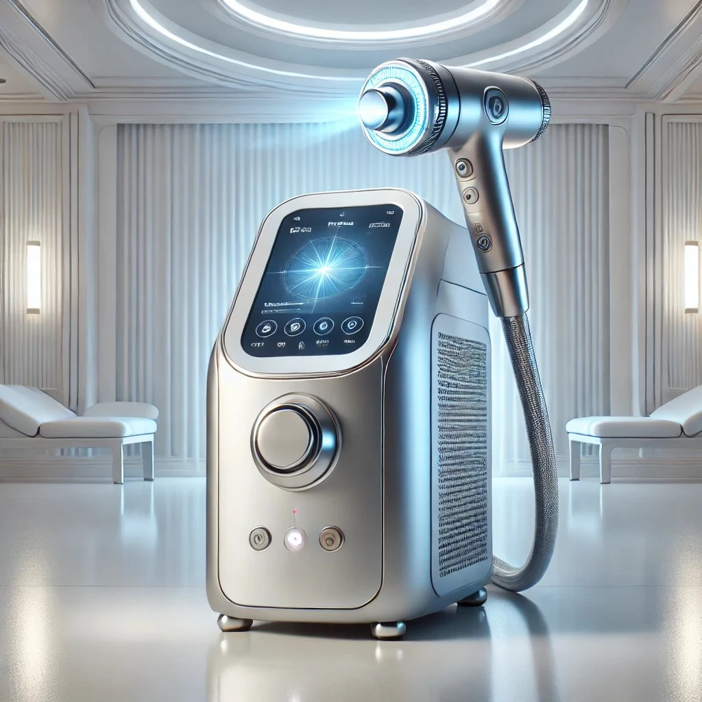 DALL·E 2025-01-18 11.47.15 - A realistic digital illustration of a high-tech laser skin treatment device. The device has a sleek, modern design with a metallic silver body and a d.jpeg