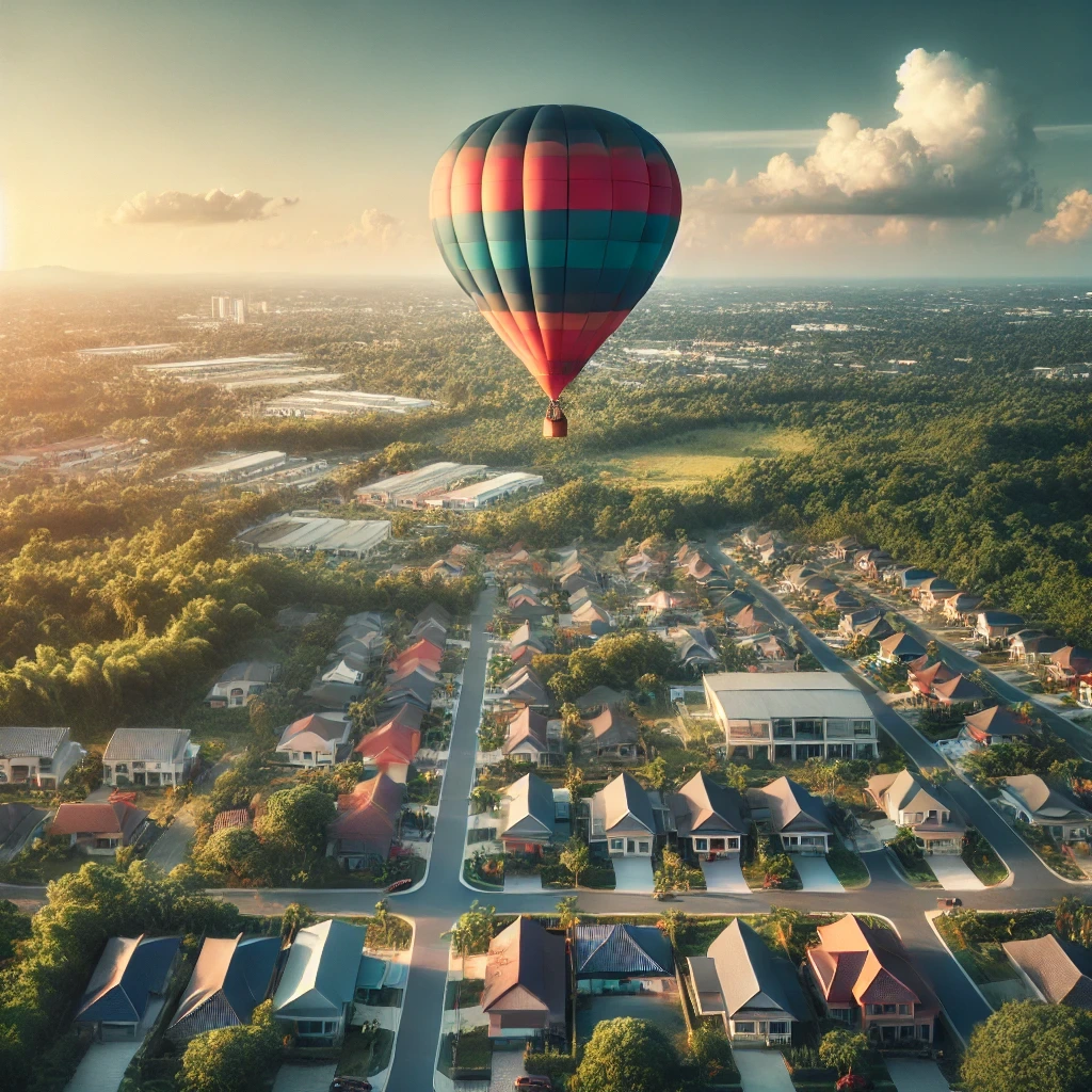 DALL·E 2024-07-31 23.14.57 - A hot air balloon flying over a scenic neighborhood, with a panoramic view of houses, trees, and streets below. The sky is clear with a few fluffy clo.JPG