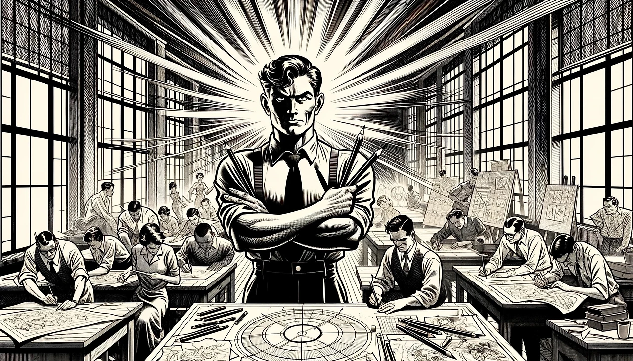 DALL·E 2024-03-10 17.22.45 - 1950s Comic Illustration Style transformation of the provided image. The image features a central male figure with crossed arms, holding two pencils, .jpeg