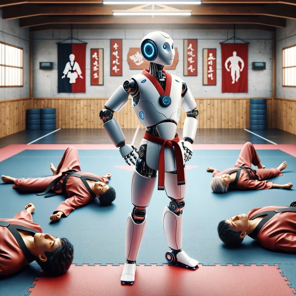 DALL·E 2024-02-25 15.25.19 - An AI robot dressed in a taekwondo uniform stands confidently in the center of a dojo. Around it, five people wearing taekwondo uniforms lie on the gr.jpeg