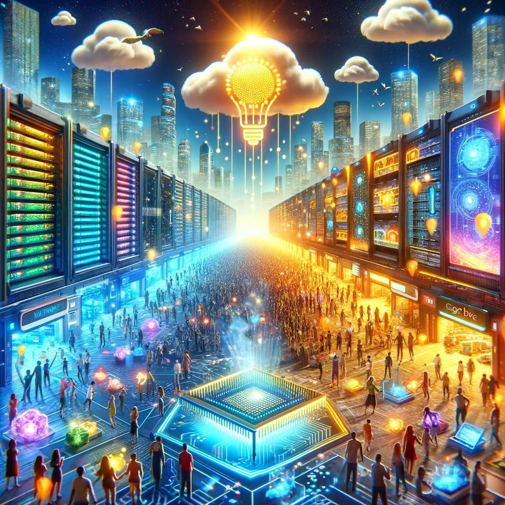 DALL·E 2024-02-03 22.20.51 - A dynamic illustration showing a vibrant and futuristic marketplace- buzzing with activity and innovation. The scene is divided into two main areas- r.jpeg