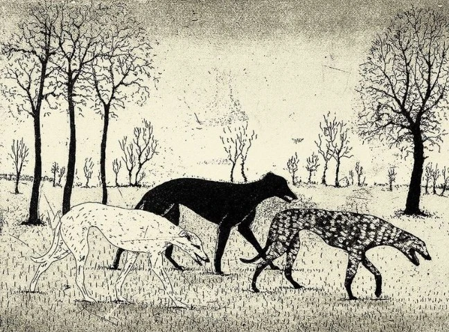Hounds etching by artist Tim Southall.JPG