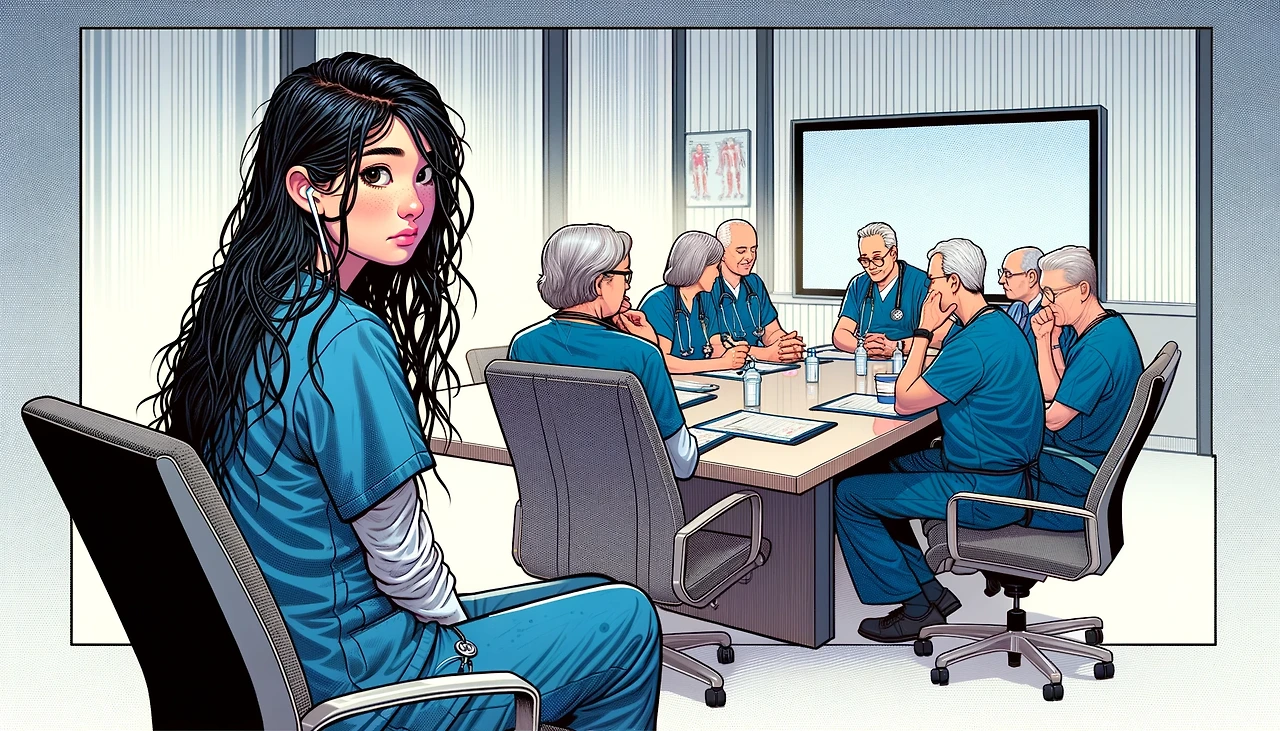 DALL·E 2024-04-22 15.10.36 - A detailed cartoon in a 2_1 landscape ratio, featuring a young female doctor with long, wet black hair sitting quietly at the very back of a conferenc.jpeg