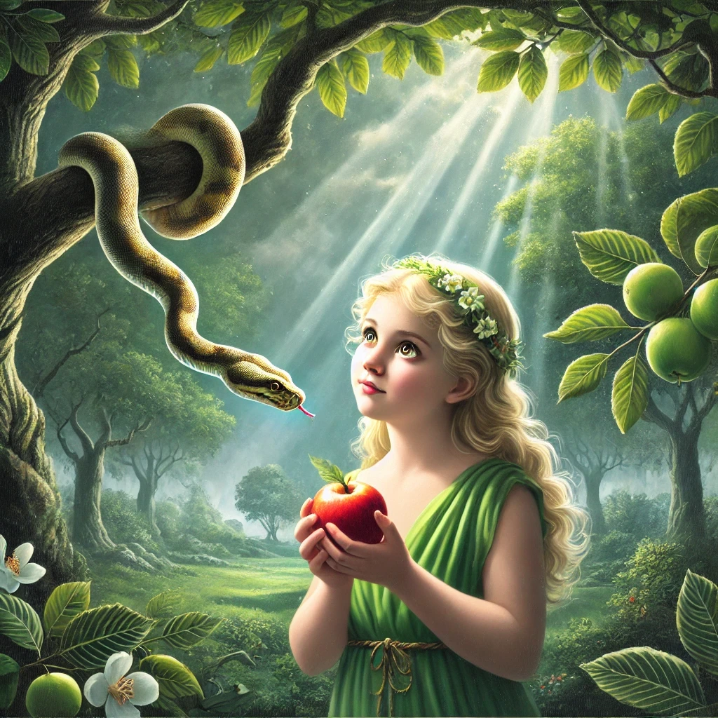 DALL·E 2024-09-09 00.35.34 - In the Garden of Eden, the scene shows Eve standing under the Tree of Knowledge. Eve has bright, curious eyes, filled with a mix of innocence and temp.jpeg