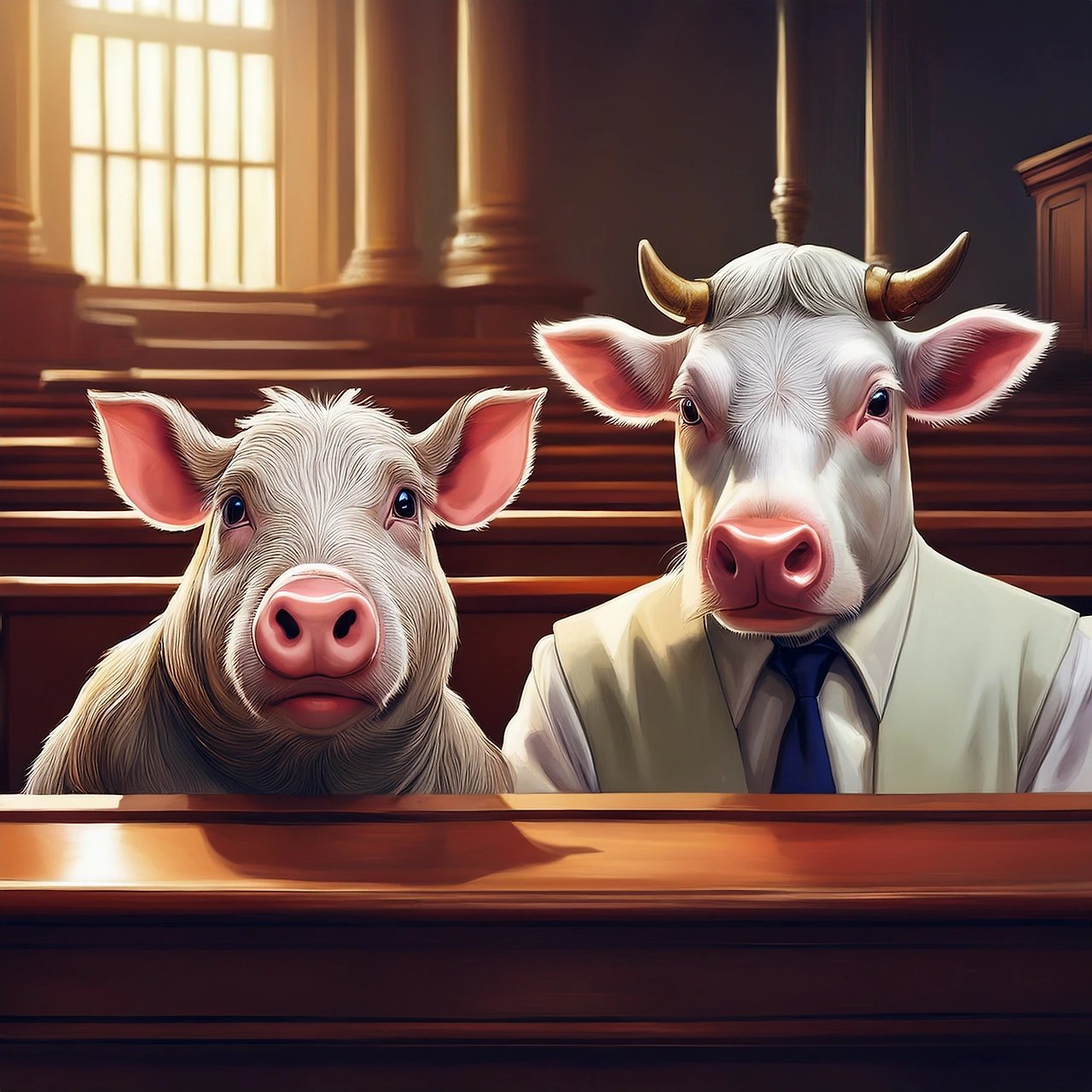 A cow and a pig are sitting in a courtroom with pitiful expressions on their faces, and people are l 23-04-2025 at 13-28-56.jpeg