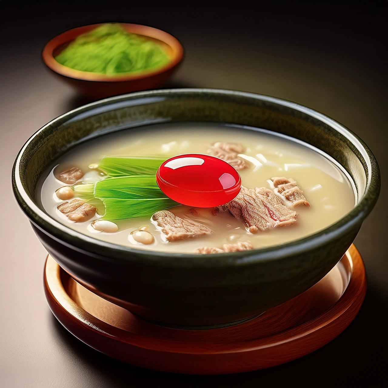 A single red pill sits atop a bowl of savory white beef bone broth tteokguk, like a garnish 16-04-2025 at 04-37-20.jpeg